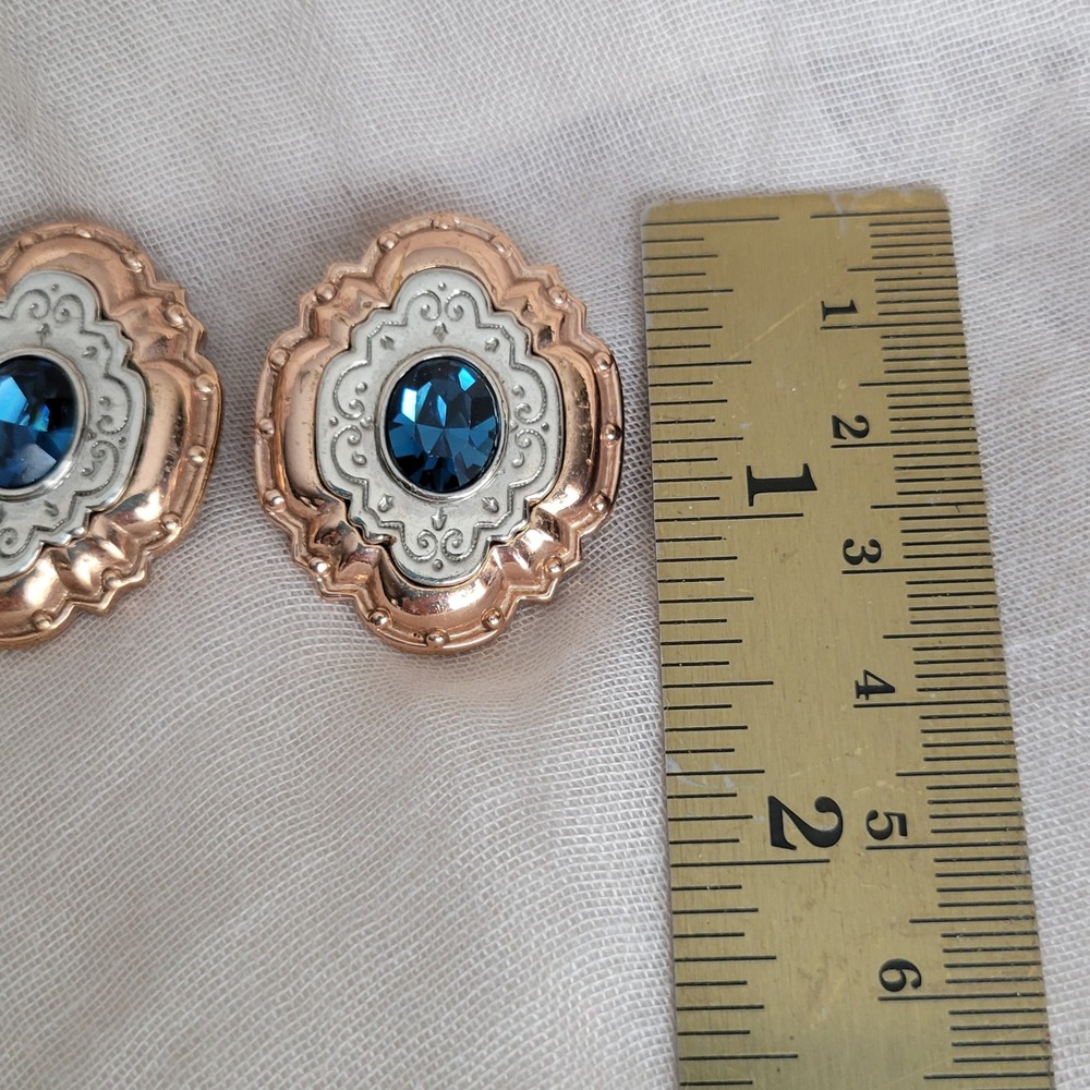 Vintage 1928 Mixed Metal Blue Crystal Clip On‎ Earrings 1980s Victorian Revival - Picture 5 of 7